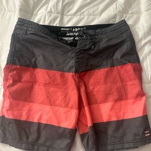 Billabong Men’s Red and Black Striped Boardshorts